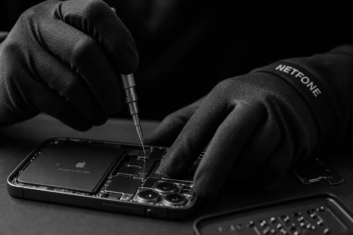 Teknisi memperbaiki smartphone Android dengan presisi
