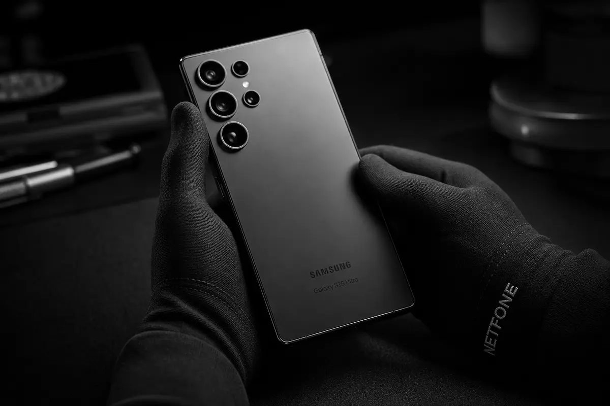 iPhone terbongkar dengan alat servis tersusun rapi